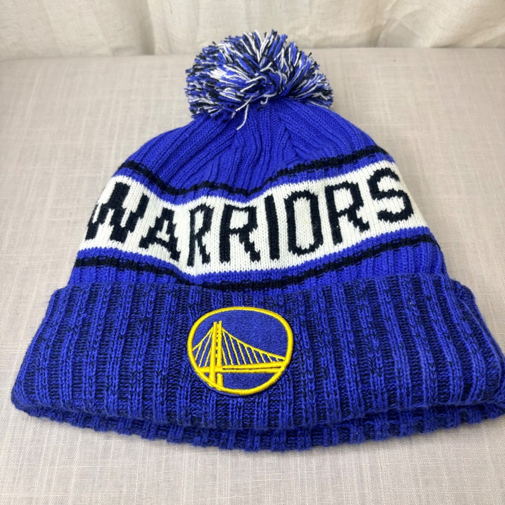 NBA Golden State Warriors Blue Knit Pom Beanie Hat Fleece Lined OSFM